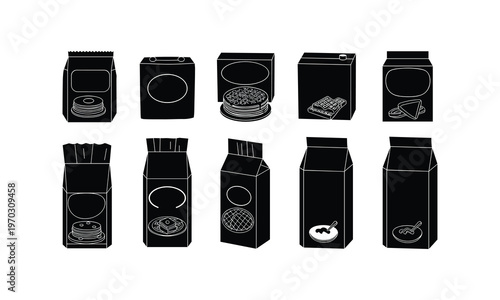 Various illustrations of kitchen utensils and food items in packaging designs