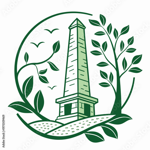 Stone obelisk monument surrounded by green leaves and birds in flight within a decorative circular frame.
