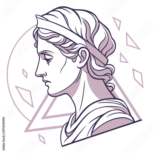 Ancient greece line art vector illustration of an antique sculpture head of a beautiful woman with a laurel wreath on her head.