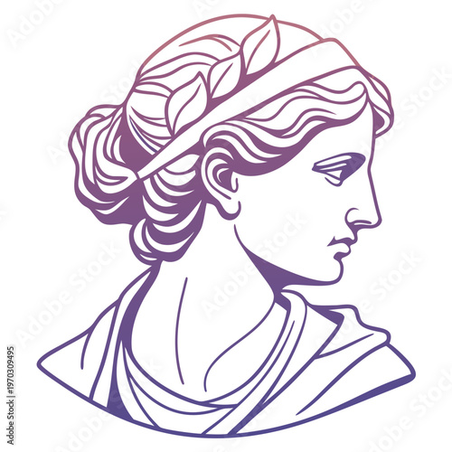 Line art vector illustration of an antique sculpture head of a beautiful woman with a laurel wreath on her head gradient.
