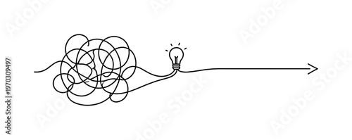 Turning a complex and cluttered workflow into a clear streamlined direction in a professional environment, a continuous line forming tangled irregular