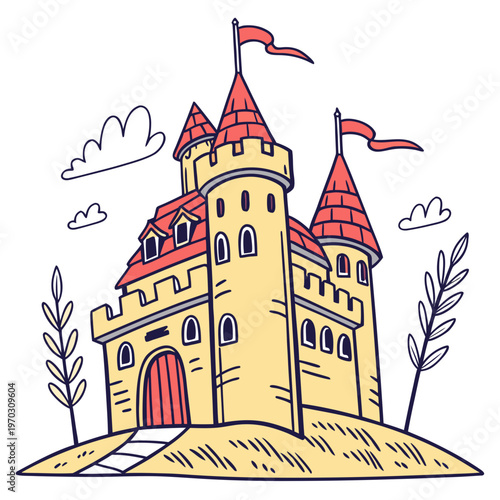 Stylized fantasy castle with several red conical roofs and tall towers on grassy hill flanked by wheat stalks vector illustration for storybook art.