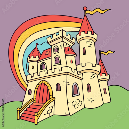 Majestic fantasy castle with red roofs and golden flags standing before colorful rainbow over green hills vector illustration for storybook theme.