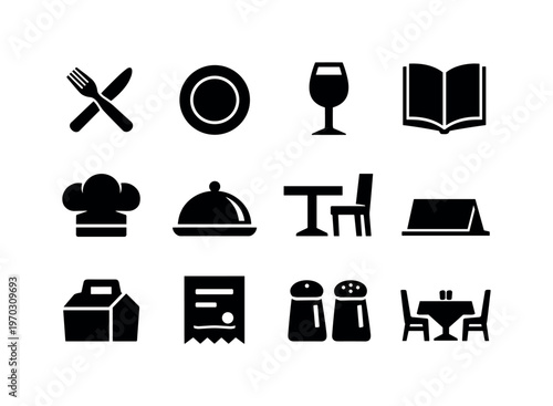 Restaurant and dining: fork and knife crossed, plate, wine glass, menu book, chef hat, cloche serving dome, table with chair, reservation sign