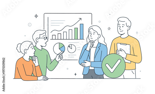 A decision support and data driven choice scene showing a small team evaluating options around a large chart and a checkmark symbol, using a clear