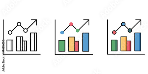 Business growth bar chart and upward trending line graph, financial data analytics and market success concept, minimalist corporate progress vector isolated on white.