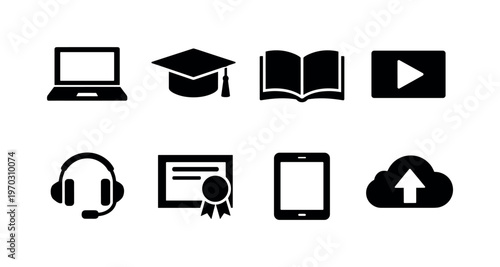 Online education tools: laptop, graduation cap, open book, video play button, headset, certificate, tablet, cloud storage
