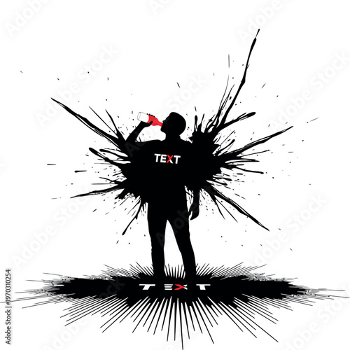 Man drinking bottle with black ink splashes and text