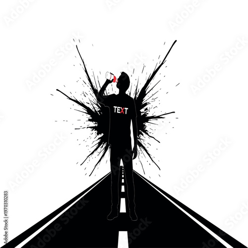 Silhouette of a man drinking from a bottle on a road with ink splatters, with white background