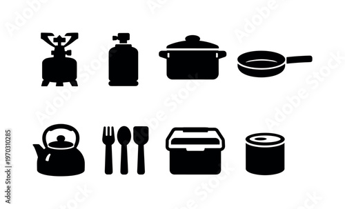 Camping cooking: portable stove, gas canister, cooking pot, frying pan, kettle, utensils set, cooler box, food can