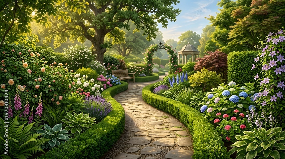 Obraz premium sunlit garden pathway with blooming flowers
