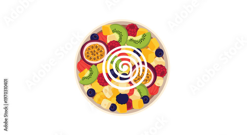 A bowl holds a diverse fruit salad with a white spiral of yogurt in the center.