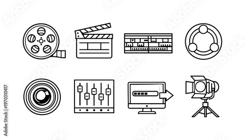 Video production workflow: film reel, clapperboard, video editing timeline, color grading wheel, camera lens, audio mixer, export render icon, studio