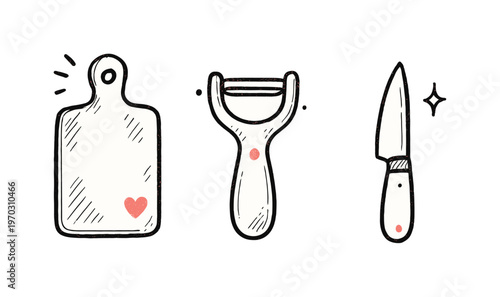 Simple kitchen prep tools theme  a horizontal row of 3 related hand-drawn objects on a white background: a small cutting board with a tiny red heart