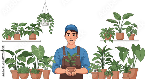Smiling male gardener surrounded by a vibrant collection of diverse potted houseplants