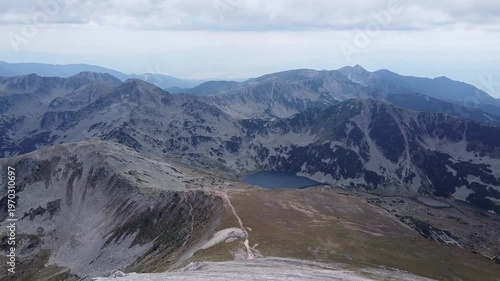 Aerial Landscape of Pirin National Park with Rocky Peaks and Mountain Lakes