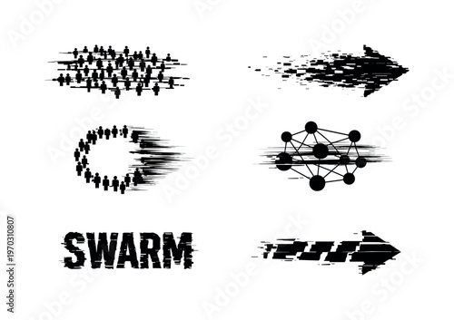 Digital crowd behavior and swarm intelligence theme, a set of five glitch-distorted monochrome objects floating on a perfectly clean white background