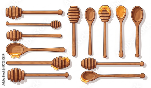 Cartoon Wooden Honey Dipper Set Sweet Food Utensil Vector Illustration