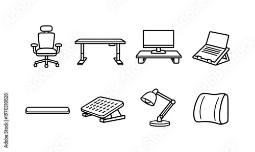 Home office ergonomics: ergonomic chair, adjustable desk, monitor stand, laptop riser, wrist rest, footrest, desk lamp, posture support cushion