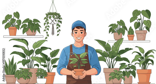 Smiling Male Gardener in Apron Holding Potted Plant Surrounded by Various Houseplants Vector Illustration