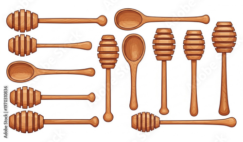 Cartoon Wooden Honey Dipper Set Sweet Food Utensil Vector Illustration