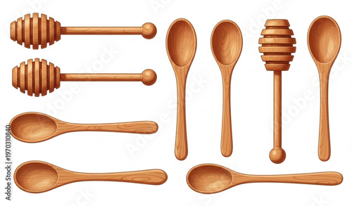 Cartoon Wooden Honey Dipper Set Sweet Food Utensil Vector Illustration