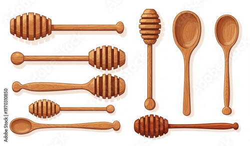 Cartoon Wooden Honey Dipper Set Sweet Food Utensil Vector Illustration