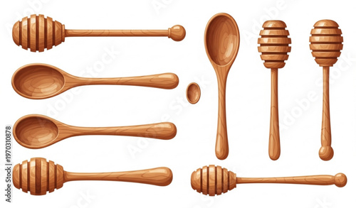 Cartoon Wooden Honey Dipper Set Sweet Food Utensil Vector Illustration