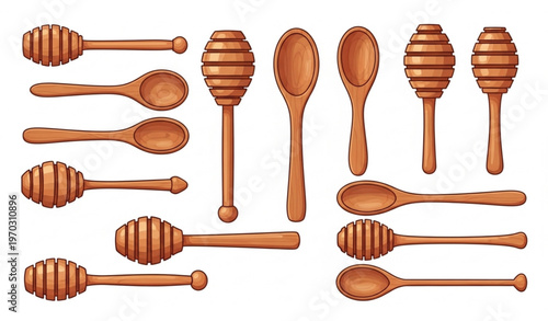 Cartoon Wooden Honey Dipper Set Sweet Food Utensil Vector Illustration