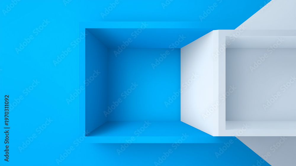Fototapeta premium Abstract 3D rendering of cubical display boxes in blue and white on plain background minimal modern design