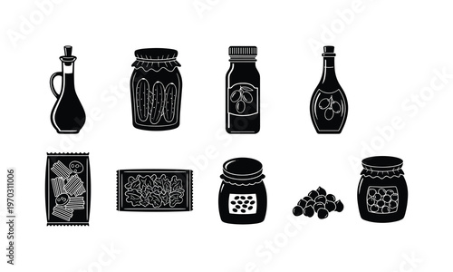 Assorted traditional preserved foods and beverages in containers
