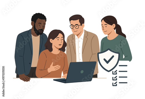 A team aligning compliance understanding during a collaborative discussion, gathered near a laptop while interacting with a simple shield and