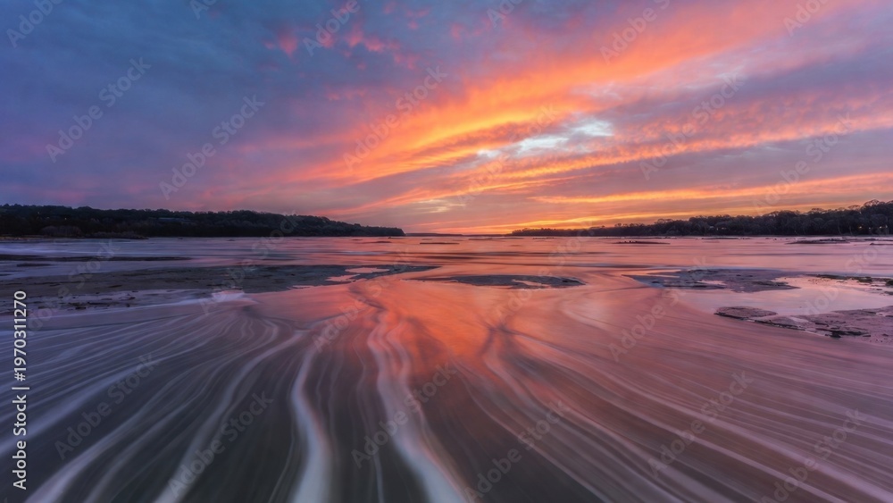 Fototapeta premium Tidal sand ripples flowing toward colorful sunset at shore
