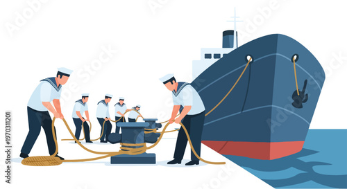 A minimal flat vector artwork depicting sailors securing a vessel to dock bollards with ropes, using simple shapes, a maritime activity concept, a clean flat design, and a white background.