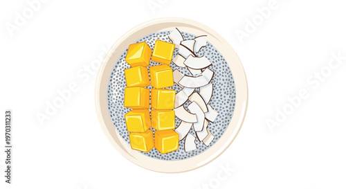 An overhead shot displays a white bowl filled with chia pudding, topped with nine yellow mango cubes and a pile of white coconut flakes, against a clean white background.