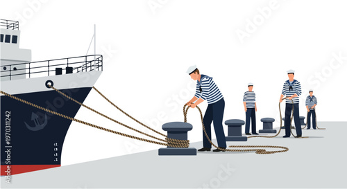 A flat-style vector image showing sailors fastening ropes to moor a ship at the dock, designed with simple geometric forms, a maritime activity theme, clean lines, and a white background.