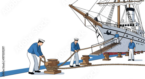A flat vector illustration of sailors tying ropes and securing a ship to dock bollards, featuring simple shapes, a maritime activity concept, a clean flat style, and a white background.