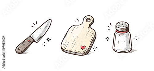 Kitchen basics theme  a horizontal row of 3 related hand-drawn objects on a white background: a simple kitchen knife with a tiny red dot on the