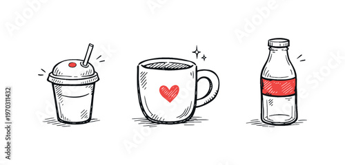 Simple beverages theme  a horizontal row of 3 related hand-drawn objects on a white background: a small cup with a straw and a tiny red dot on the