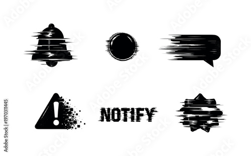 Digital notification states theme, a set of 5 glitch-distorted monochrome objects placed on a perfectly clean white background