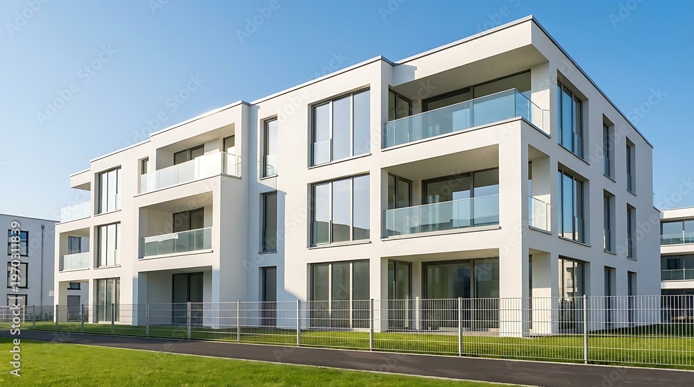 Fototapeta premium Contemporary Residential Architecture Featuring Spacious Glass Balconies, Geometric Design, and Green Landscaping