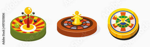 Isometric casino roulette set colorful gambling wheels vector illustration isolated on white background