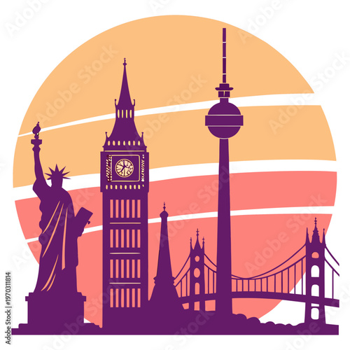Minimalist vector illustration featuring world famous landmarks including statue of liberty big ben berlin tv tower and bridge silhouette at sunset.