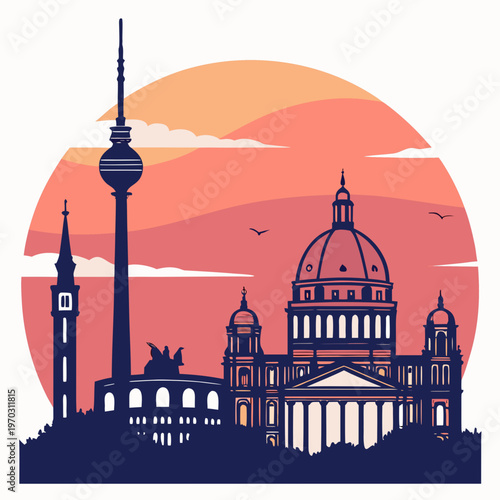 Berlin city skyline vector with television tower and cathedral silhouette at dusk featuring warm sunset colors and minimalist architectural shapes.