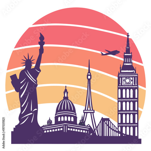 Creative collage of global travel landmarks including statue of liberty dome cathedral eiffel tower and big ben silhouette against vibrant sunset.