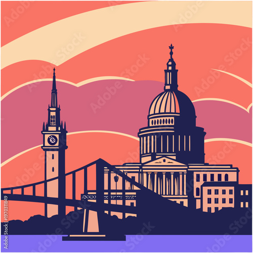 London city skyline featuring st pauls cathedral and big ben inspired clock tower with a bridge over water at sunset.