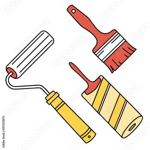 Various painting instruments including roller brush and paint applicator for household improvement projects and professional interior design services.