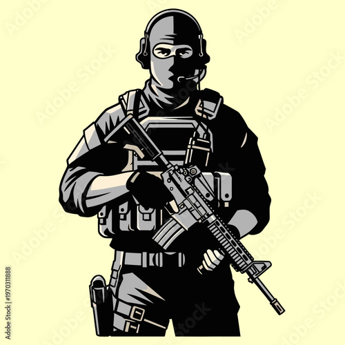 Stylized tactical soldier in black uniform, balaclava, headset, holding assault rifle, ready stance.