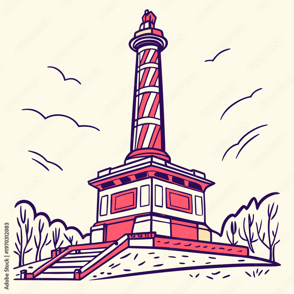 Obraz premium Striped lighthouse or column landmark vector illustration, graphic sketch of a historical monument on a hill with clouds.