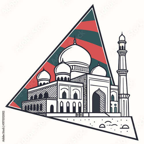 Taj mahal mosque, traditional indian landmark with geometric triangle pattern, sacred geometric emblem with cultural building.